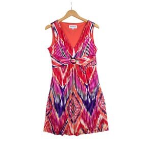 Studio I Fit& Flare Abstract Print V-neck Dress size 10 Orange/Pink